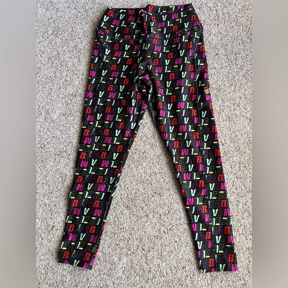Zumba Fitness Black Leggings with Neon Multicolor Logo Print